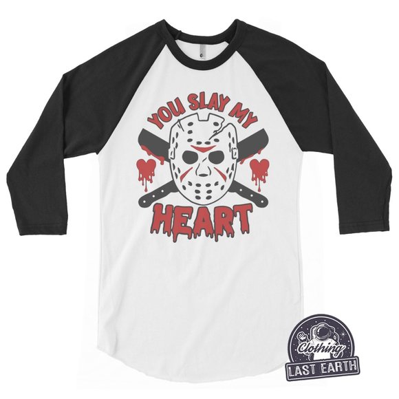 You Slay My Heart Baseball Raglan Shirt Jason Vorhess Friday The 13th Horror Tee - Picture 1 of 4